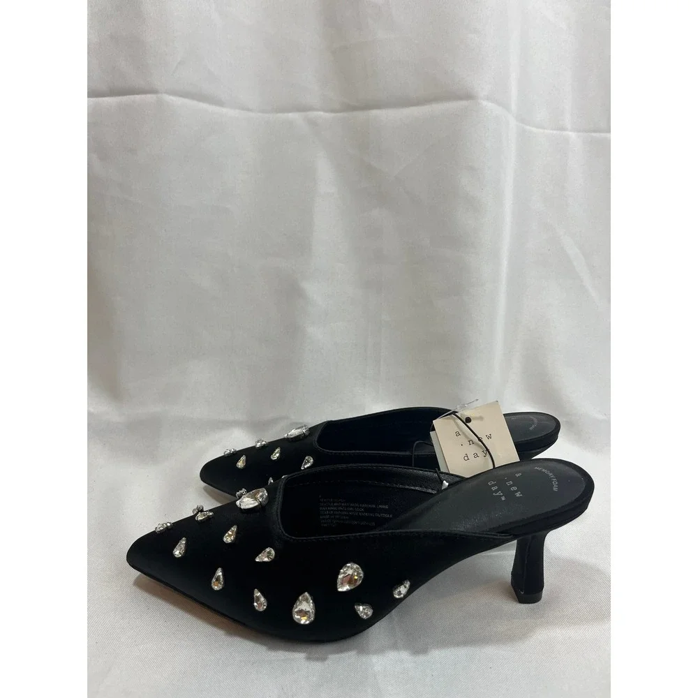 A New Day Womens Black Satin Rhinestone Pointed Toe Kitten Heel Mules Size 6 - Picture 1 of 6